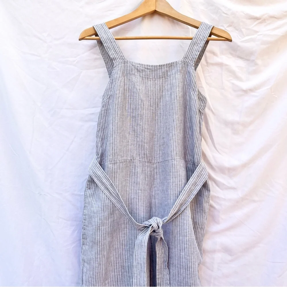 EVERLANE | LINEN STRIPED BELTED SQUARE NECKLINE JUMPSUIT SIZE 0 GRAY WHITE